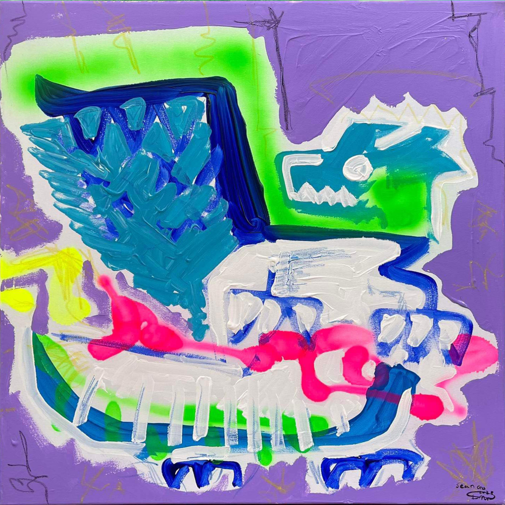 Sean-Go_Disco-Bolt-Dragon_24-x-24-inches_acrylic-leather-spray-paing-and-grease-.jpeg