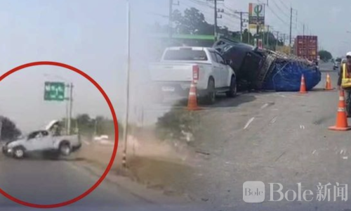 高速疲劳驾驶出事故！泰国一皮卡越线撞车引发连环碰撞